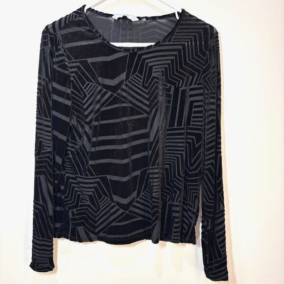 Semi Sheer Black Velvet Burnout Striped Top Longsleeves M Retro 70s Rave Goth - Picture 1 of 9